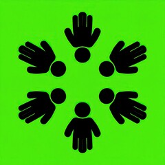 Simple black figures with hands, arranged in a circle on a vibrant green background