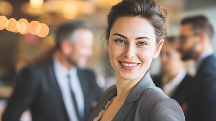 Smiling businesswoman in gray blazer colleagues blurred in background professional setting