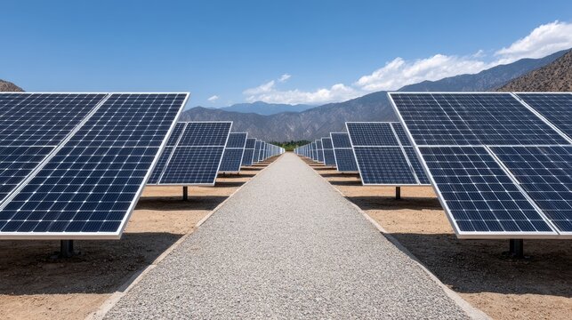 Innovative solar farm utilizes advanced technology to absorb clean energy in desert environment with rows of gigapixel-standard solar panels