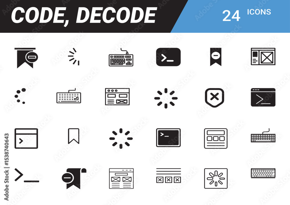 Aufkleber code and decode icon set: a sleek icon set in black and white, representing various aspects of codin