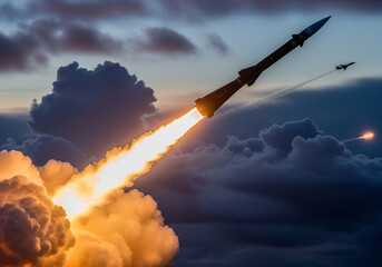 Fototapeta premium Powerful missile launch with jet aircraft flying