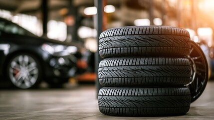 Three stacked winter car tires in auto repair shop