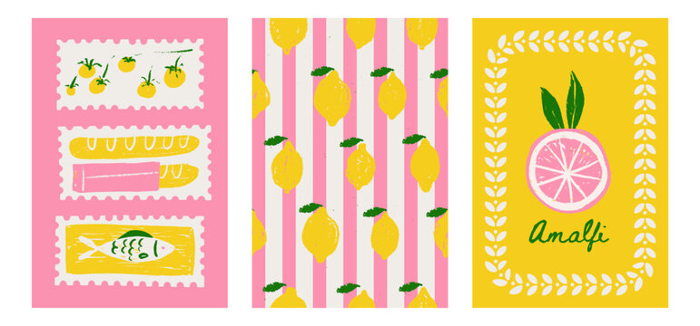 Posters set inspired by Italy featuring lemon, tomatoes, fish, bread, , and striped background. Mediterranean food, culture, and travel themed graphic. Textured hand drawn naive vector illustration.