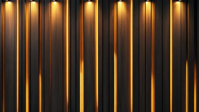 Vertically striped, dark wood paneling with warm light beams emanating from the top