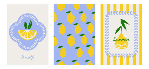 Cute naive Italy Amalfi poster cover template design set. Italian dolce vita vector illustration theme for Summer background card print with lemons. Textured pencil drawing