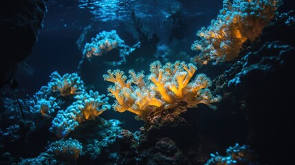 Obraz premium Vibrant Coral Reef Underwater Scene with Bright Colors and Diverse Marine Life in Crystal Clear Ocean Waters