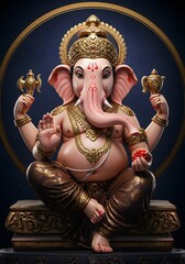 Obraz premium Detailed Digital Painting of Lord Ganesha with Golden Accents and Symbolism
