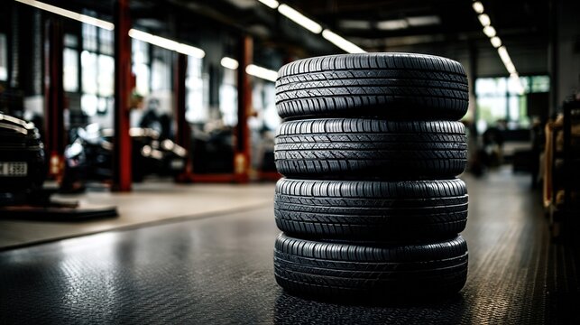 Four car tires stacked in auto repair shop