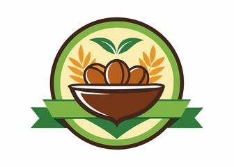 Dates in a wooden bowl with a mint leaf minimalist logo, Icon, element vector illustration