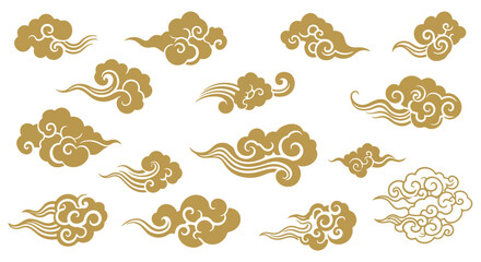 Golden chinese cloud motifs on white background with swirling patterns vector illustration