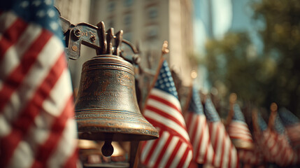 Liberty Bell surrounded by waving flags during an educational event. 