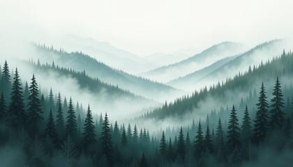 Naklejka premium Misty mountain range with dense forest.