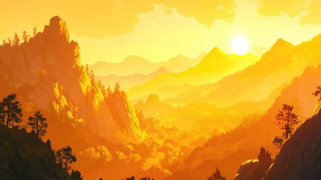 Serene Sunset Over Mountainous Landscape with Warm Golden Tones and Lush Greenery