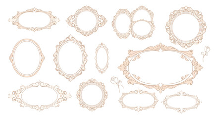 Set of ornate vintage oval frames with intricate floral designs vector illustration