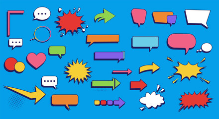 Colorful comic speech bubbles and arrows on blue background vector illustration