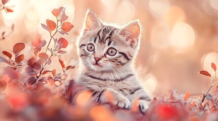 Cute Kitten Exploring a Colorful Flower Field in Soft Light