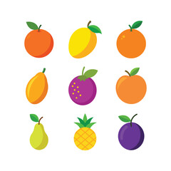 Vector art of assortment of colorful cartoon fruit including oranges lemons pears pineapples and plums isolated on white background