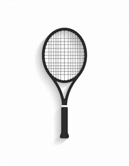 A sleek black tennis racket is set against a clean white backdrop, sports graphic isolated with shadow