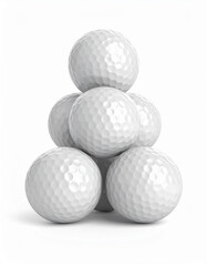 A pyramid stack of golf balls, perfectly arranged isolated on a white background, ready for a game