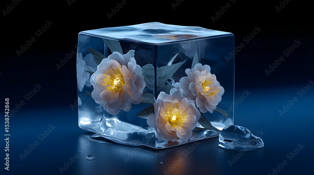 Poster a serene and captivating image of delicate floral blossoms suspended in a luminous ice cube, creatin
