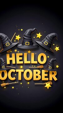 Spooky october greeting with witch hats, stars, and broomsticks animation