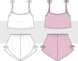 Women cropped tank top and frill shorts with bow detail. Nightwear set, home wear, technical fashion drawing, illustration. Front view vector. Cad, Mockup set.