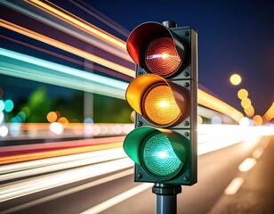 Traffic light changing signals urban intersection photo nighttime dynamic viewpoint transportation concept