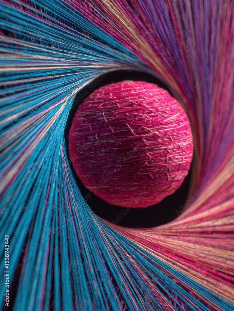 Poster tension lines converge around a vibrant central orb in an abstract composition highlighting color an