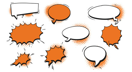 Variety of comic speech bubbles with halftone effects in orange and white vector illustration