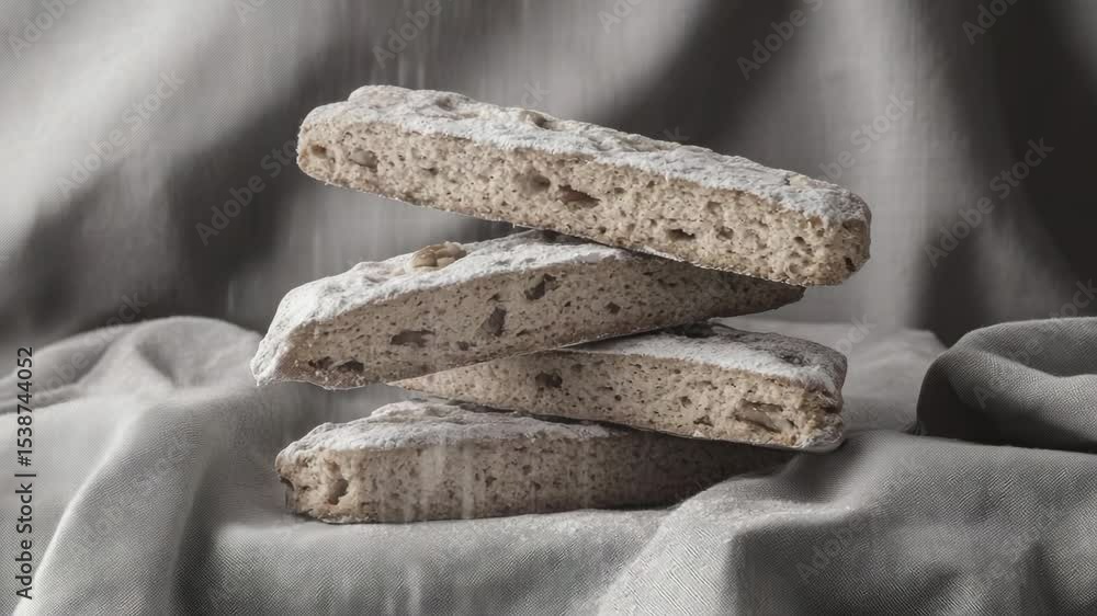 Poster a stack of three cookies sitting on a tablecloth, ready for serving or decoration