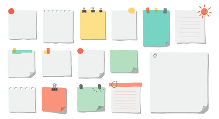 Colorful blank sticky notes collection with clips and shadows on white background vector illustration
