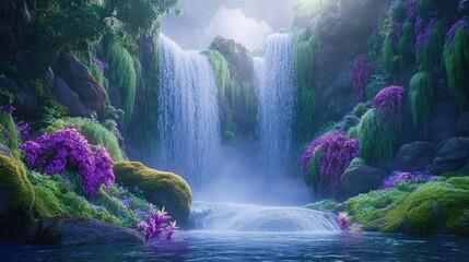 Serene Waterfalls Cascading Into Tranquil Pool Surrounded by Vibrant Flowers and Lush Greenery in Enchanted Landscape