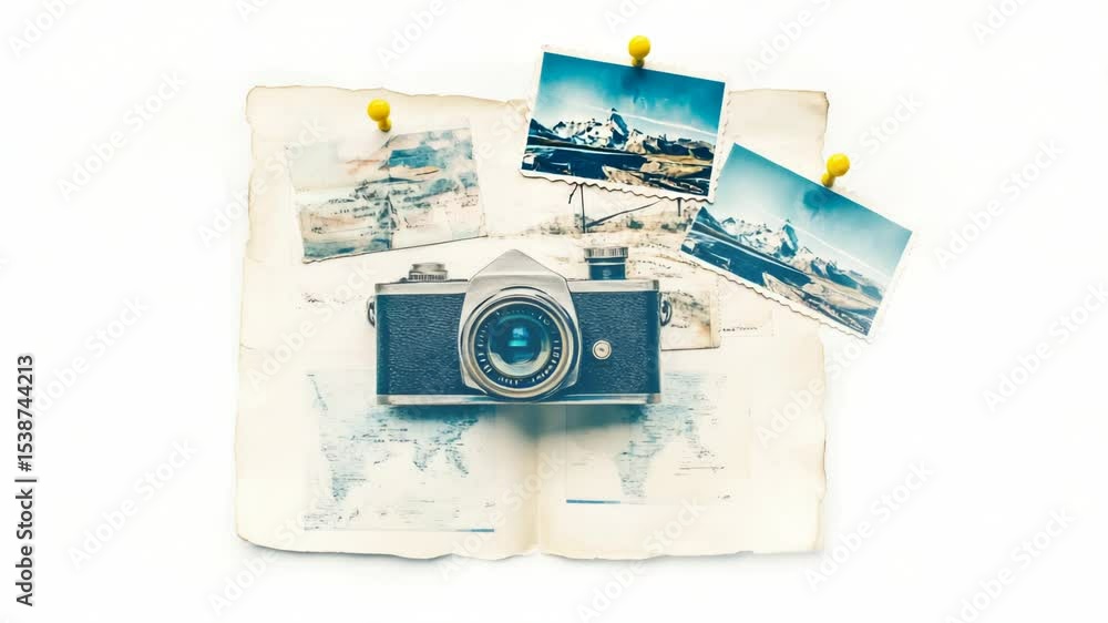 Poster an old camera sits on top of an open book, possibly a vintage or classic device with a nostalgic fee