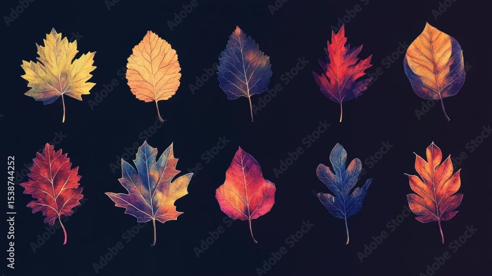 Poster a collection of colorful leaves against a dark backdrop
