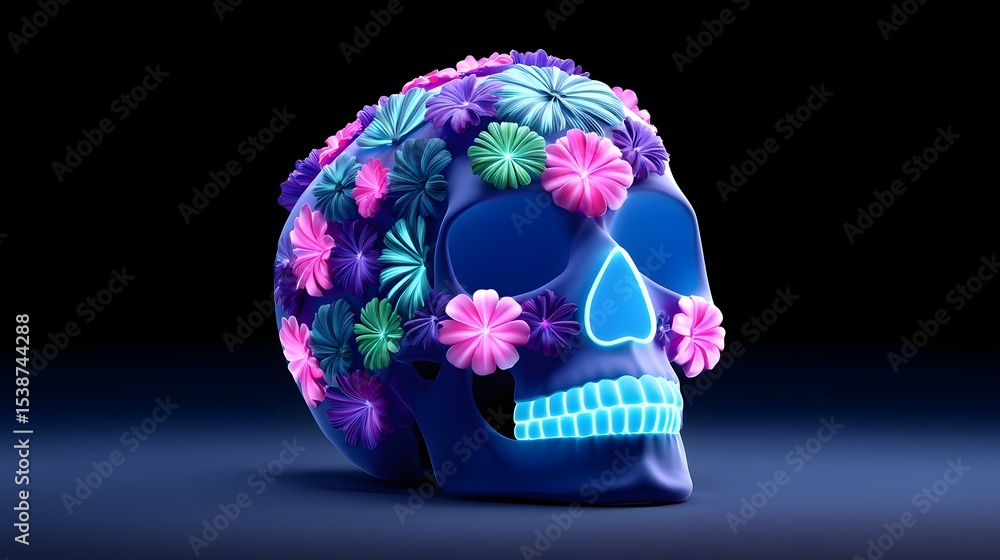 Poster a striking, digitally-rendered skull adorned with a vibrant array of colorful, stylized flowers in a