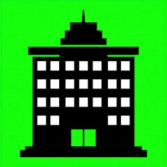 Simple black office building icon on bright green background