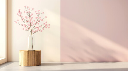 Minimal pastel interior with pink dried flowers and soft natural light
