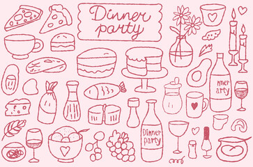 Set of hand drawn whimsical illustrations of food and drinks Hand Drawn Dinner Party Doodle Icons Food, Drinks, Cakes, and Tableware on Pink Background