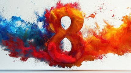 Vibrant number eight surrounded by bursts of color