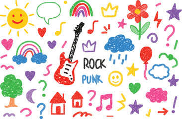 Music sketch heart star vector set chalk crayon marker stroke music sketch color elements. Vector illustration Colorful Doodle Elements Set Hand Drawn Icons Including Guitar, 