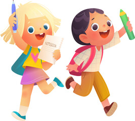 Student Kids with Backpacks Run Back to School