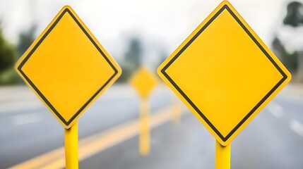 Blank Yellow Road Signs on Poles Along a Highway Pathway