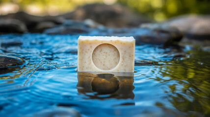 A close-up macro photograph of a white rectangular soap bar with a circular indent in the center, partially submerged in blue rippling water