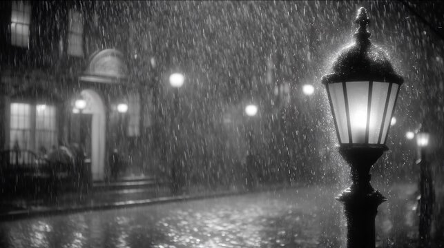 Fototapeta Rainy Night Street Scene: Illuminated Lamppost in Monochrome