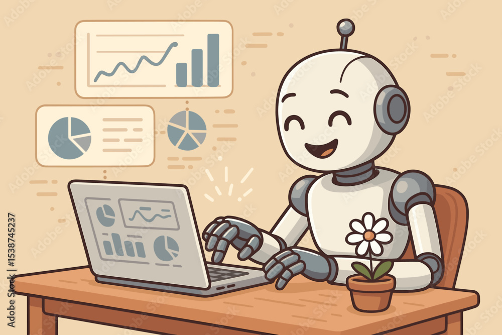 Poster friendly ai robot analyzing business data on laptop computer with charts and graphs. cute cartoon ch