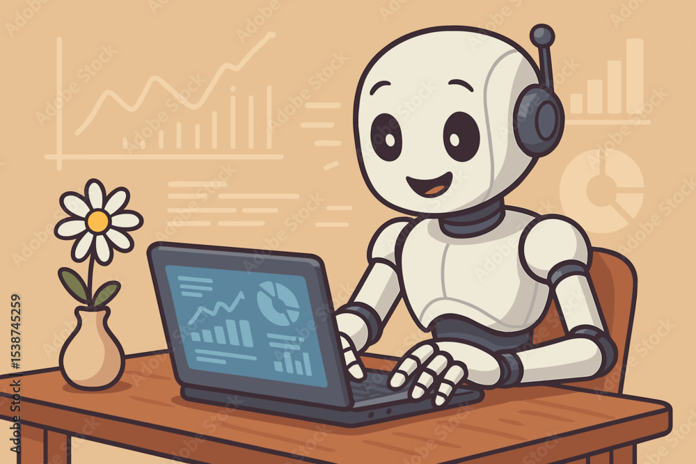 Poster friendly ai robot analyzing data on a laptop. cute cartoon character at an office desk working with 