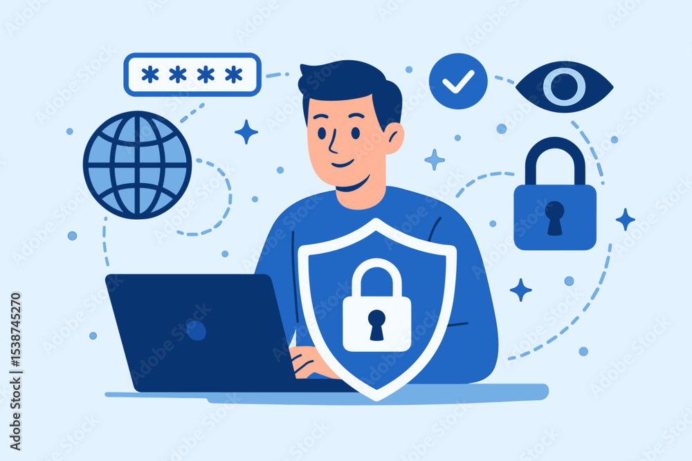 Poster cybersecurity and data protection concept. man at laptop with shield for internet security. secure l