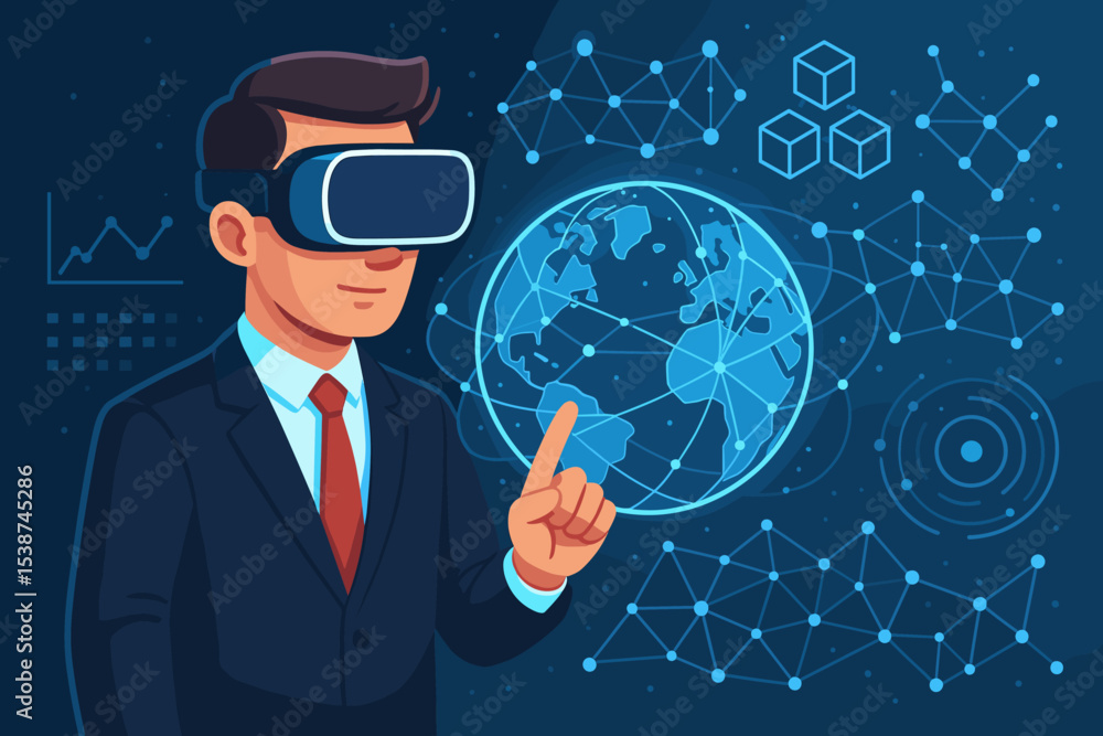 Poster businessman in vr headset interacts with global network in the metaverse. concept of future technolo