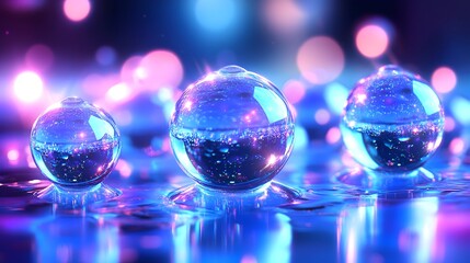 Neon spheres on reflective surface, bokeh background, abstract design