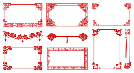Traditional asian red borders with intricate floral and geometric patterns vector illustration